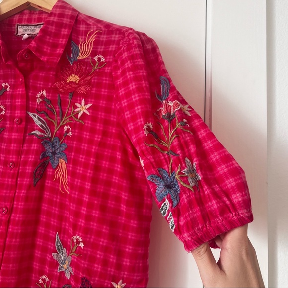 Johnny Was Pink Embroidered Gingham Button Down Blouse - Picture 4 of 11